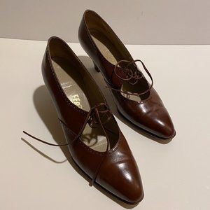 Salvatore Ferragamo Women’s Brown Leather Lace Shoes Size 9B, 3" heel, with Box